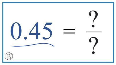 To convert the decimal 0.45 to a fraction follow these steps: Step 2: Multiply both top and bottom by 10 for every number after the decimal point: As we have 2 numbers after the decimal point, we multiply both numerator and denominator by 100. So, 0.45/1 = (0.45 × 100) / (1 × 100) = 45 / 100.